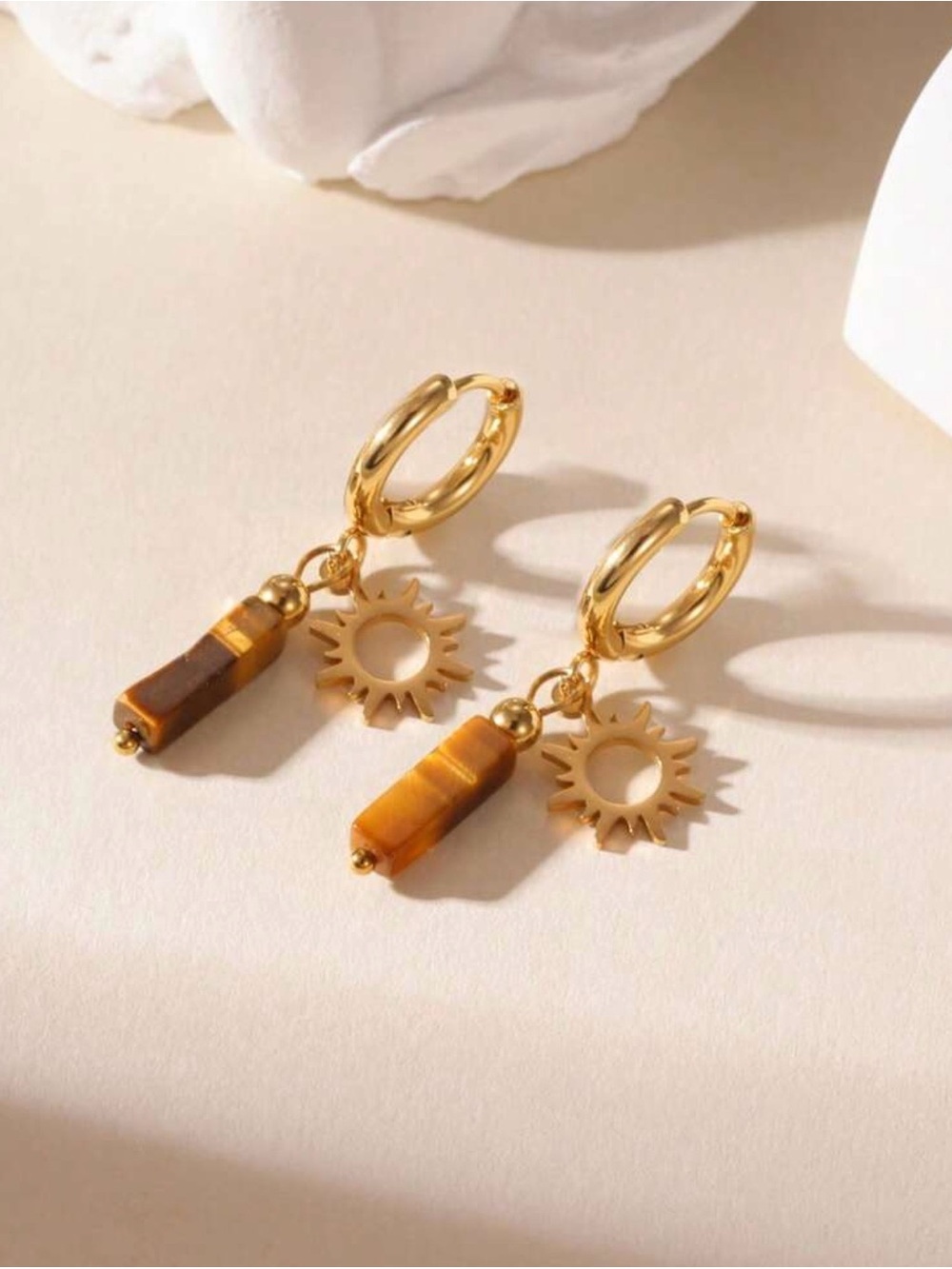 Natural TIGER’S EYE stone crystal drop earrings NEW goldtone sun - Picture 2 of 5